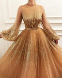 Shiny Long Sleeves High Neck A-Line Prom Dresses Tulle With Sequin