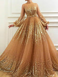 Shiny Long Sleeves High Neck A-Line Prom Dresses Tulle With Sequin Rjerdress