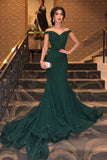 Shiny Mermaid Off the Shoulder Green Long Prom Dress, Sweep Train Evening Dress