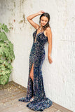 Shiny Mermaid Spaghetti Straps V Neck Slit Plunging Prom Evening Dress Rjerdress