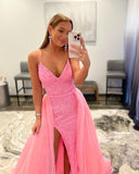 Shiny Mermaid V Neck Spaghetti Straps Pink Long Detachable Prom Dresses With Slit Rjerdress