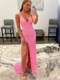 Shiny Mermaid V Neck Spaghetti Straps Pink Long Detachable Prom Dresses With Slit Rjerdress