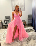 Shiny Mermaid V Neck Spaghetti Straps Pink Long Detachable Prom Dresses With Slit