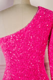 Shiny One Shoulder Sequin Homecoming Dresses With Long Sleeve Rjerdress