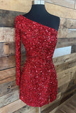 Shiny One Shoulder Sequin Homecoming Dresses With Long Sleeve Rjerdress