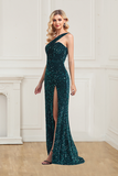 Shiny One Shoulder Sequins Floor Length Prom Dresses With Slit Rjerdress