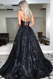 Shiny Sequins A Line V Neck Open Back Black Long Prom Dress, Sparkly Black Lace Sequins Formal Evening Dress Rjerdress