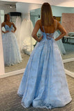 Shiny Sequins V Neck Light Blue Long Prom Dress, V Neck Blue Formal Evening Dress Rjerdress
