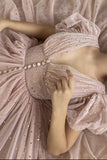 Shiny Sequins V Neck Pink Tea Length Prom Dress, V Neck Pink Homecoming Dress, Pink Formal Evening Dress Rjerdress