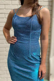 Shiny Sheath Spaghetti Straps Blue Lace Up Above Knee Short Homecoming Dress