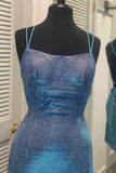 Shiny Sheath Spaghetti Straps Blue Lace Up Above Knee Short Homecoming Dress Rjerdress