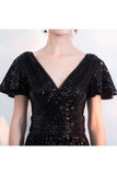 Shiny Short Sleeves Black V Neck Sequins Mermaid Floor Length Prom Dresses With Pleats Rjerdress