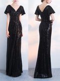 Shiny Short Sleeves Black V Neck Sequins Mermaid Floor Length Prom Dresses With Pleats Rjerdress