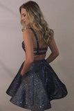 Shiny Spaghetti Straps Dark Grey Sparkly Homecoming Dresses with Pocket Short Dress H1006 Rjerdress
