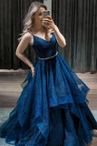 Shiny V Neck Dark Blue Long Prom Dress with Belt, Fluffy Blue Formal Evening Dress, Sparkly Blue Ball Gown Rjerdress