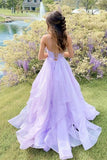 Shiny V Neck Fluffy Purple long Prom Dress, Long Purple Formal Evening Dress Rjerdress
