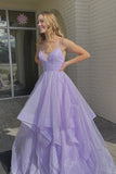Shiny V Neck Fluffy Purple long Prom Dress, Long Purple Formal Evening Dress Rjerdress