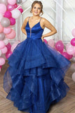 Shiny V Neck Spaghetti Straps Open Back Fluffy Blue Long Ball Gown Prom Dress Formal Dress