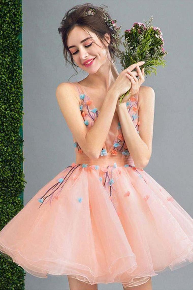 Short A Line Lace Up Back Homecoming Dress With Flowers Rjerdress