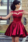 Short Ball Gown High Neckline with Long Sleeves Lace Dark Wine Red Backless Lace Prom Dress RJS24