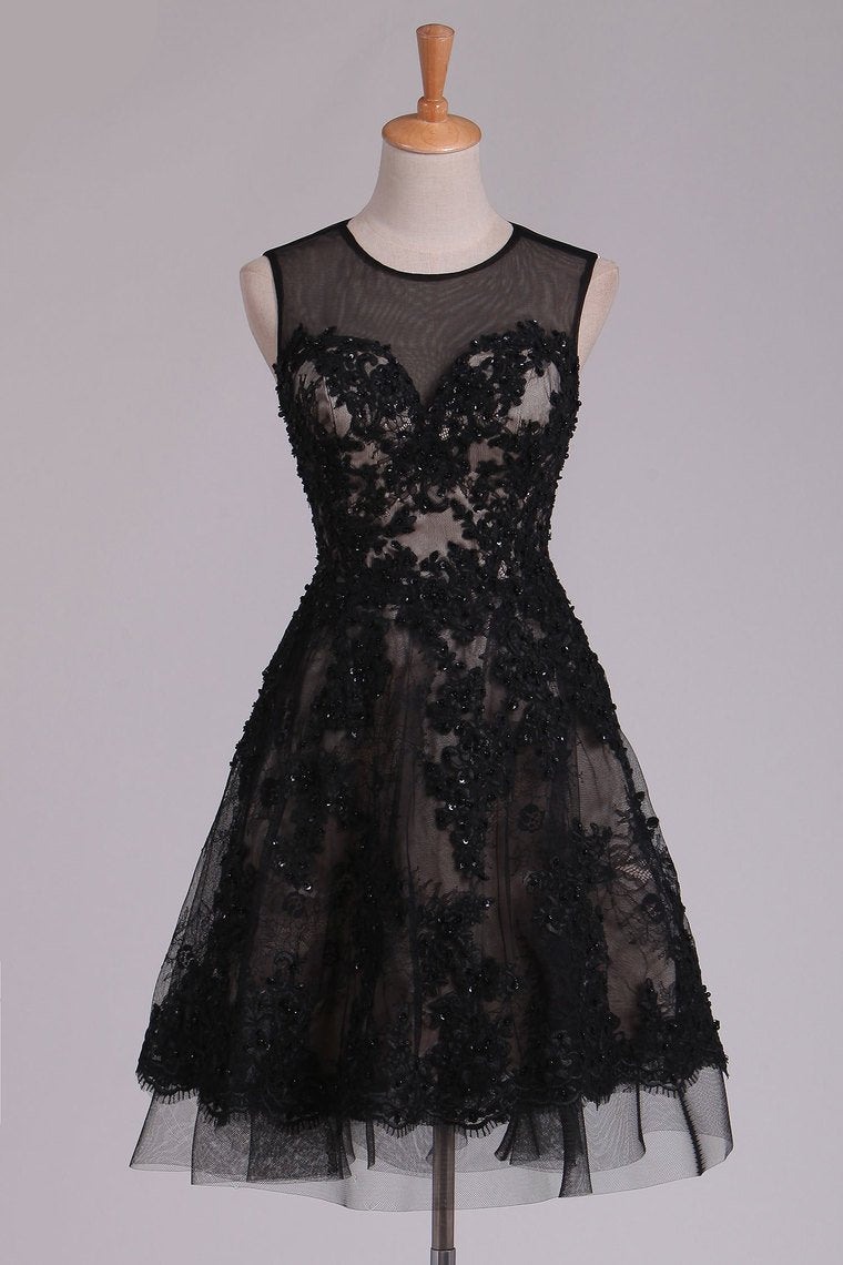 Short Hoco Dresses A Line Scoop Black Lace With Beads & Applique Rjerdress
