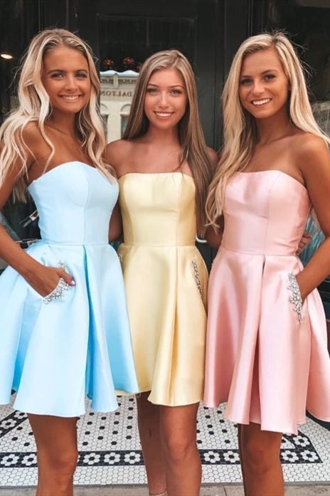 Short Homecoming Graduation Dresses With Pockets Strapless Rjerdress