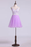 Short/Mini Hoco Dress A Line Tulle Skirt With Embellished Bodice Beaded Rjerdress