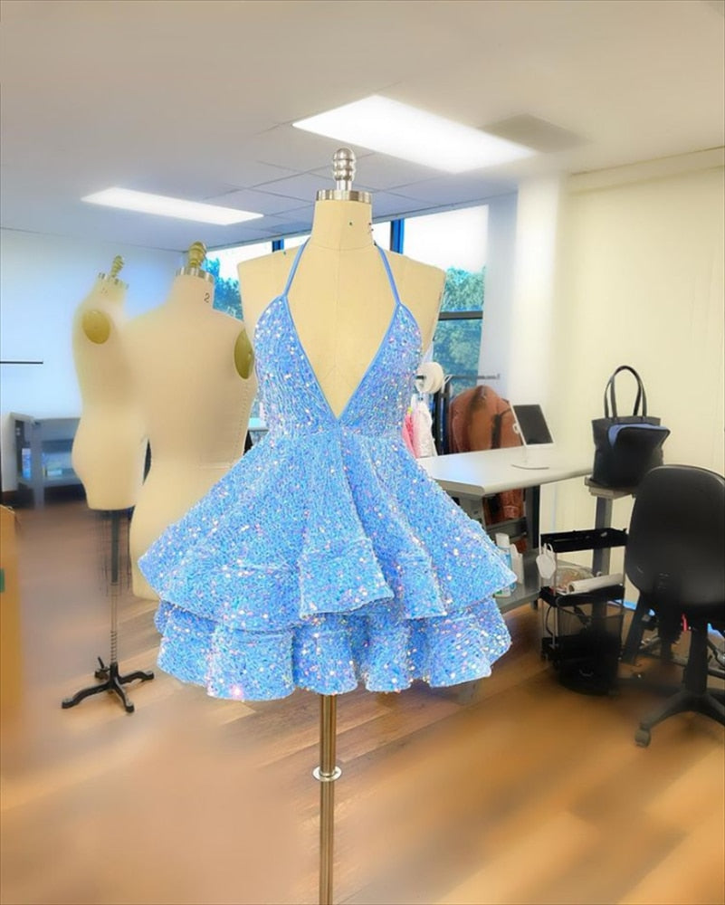 Short/Mini Homecoming Dress Sequins V Neck Sparkling Rjerdress