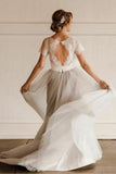 Short Sleeve Lace And Tulle Silver Country Wedding Dresses With Sash Rjerdress