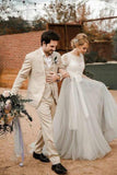 Short Sleeve Lace And Tulle Silver Country Wedding Dresses With Sash