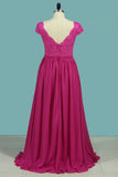 Short Sleeve V-Neck A-Line Chiffon & Lace Bridesmaid Dresses Rjerdress