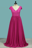 Short Sleeve V-Neck A-Line Chiffon & Lace Bridesmaid Dresses Rjerdress