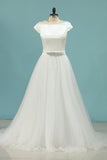 Short Sleeves Satin & Tulle  A Line Bateau Bridal Dresses With Beads Rjerdress