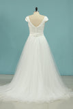 Short Sleeves Satin & Tulle  A Line Bateau Bridal Dresses With Beads Rjerdress