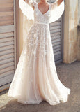 Short Sleeves V Neck A Line V Back Rustic Lace Bohemian Wedding Dresses Rjerdress