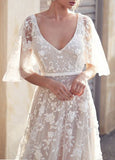 Short Sleeves V Neck A Line V Back Rustic Lace Bohemian Wedding Dresses Rjerdress