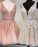Short V Neck Beaded Ivory Tulle Cocktail Dresses Homecoming Dresses Lace Embroidery RJS754 Rjerdress