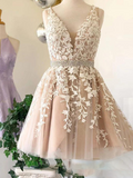 Short V Neck Beaded Ivory Tulle Cocktail Dresses Homecoming Dresses Lace Embroidery RJS754