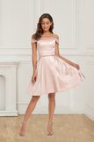 Silky A Line Satin Off Shoulder Short Homecoming Dresses With Beading Rjerdress
