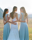 Simple A Line  Chiffon V Neck Blue Sleeveless Long Bridesmaid Dresses Rjerdress