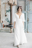 Simple A Line Ivory Chiffon V neck Wedding Dresses, Half Sleeves Long Wedding Gowns RJS15381