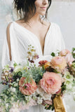 Simple A Line Ivory Chiffon V neck Wedding Dresses, Half Sleeves Long Wedding Gowns RJS15381 Rjerdress