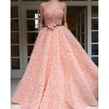 Simple A Line Lace Ball Gown Spaghetti Straps Tulle Ruffles V Neck Floor Length Prom Dresses Pearls Pink Evening Dresses