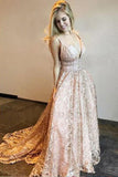 Simple A Line Lace Deep V Neck Floor Length Prom Dresses Pink Evening Dresses RJS992 Rjerdress