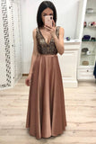 Simple A Line Long V Neck Brown Prom Dresses With Beads Cheap Evening Dresses RJS900