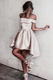 Simple A-Line Off The Shoulder High Low Satin Sleeveless Homecoming Dress Rjerdress