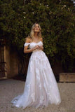 Simple A Line Off The Shoulder White Tulle Beach Wedding Dresses With Appliques