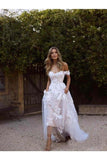 Simple A Line Off The Shoulder White Tulle Beach Wedding Dresses With Appliques Rjerdress