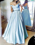 Simple A Line Off the Shoulder Blue Long Sweetheart Prom Dress With Pockets Rjerdress