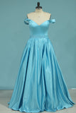 Simple A Line Off the Shoulder Blue Long Sweetheart Prom Dress With Pockets Rjerdress